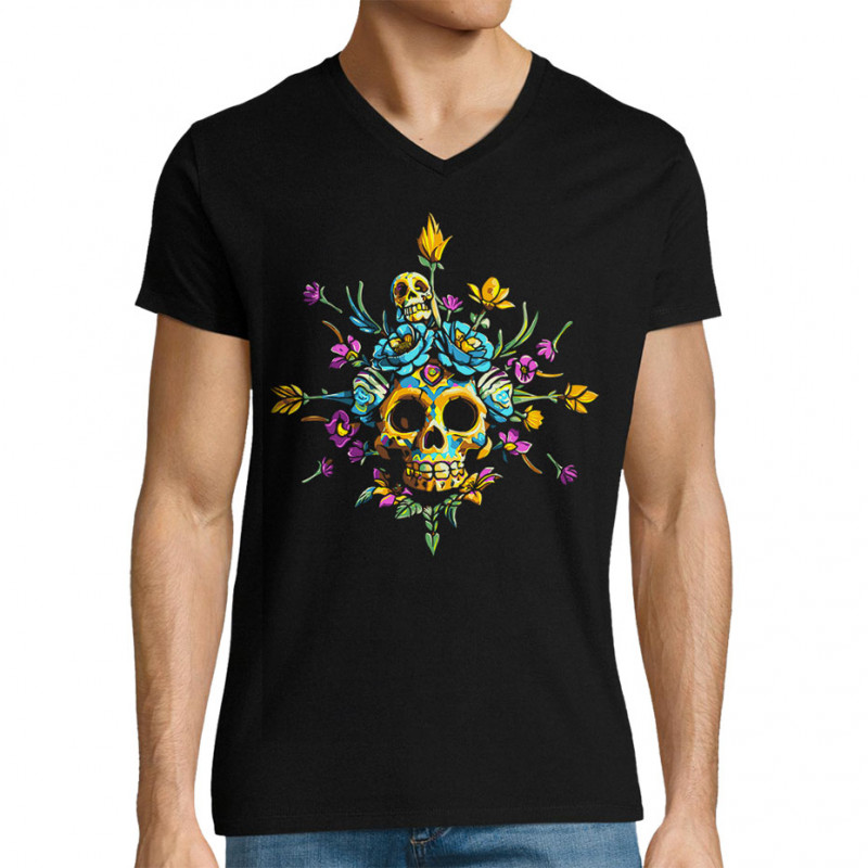 T-shirt homme col V noir Skull Flowers (Zewa,Ethnique,Têtes de morts)