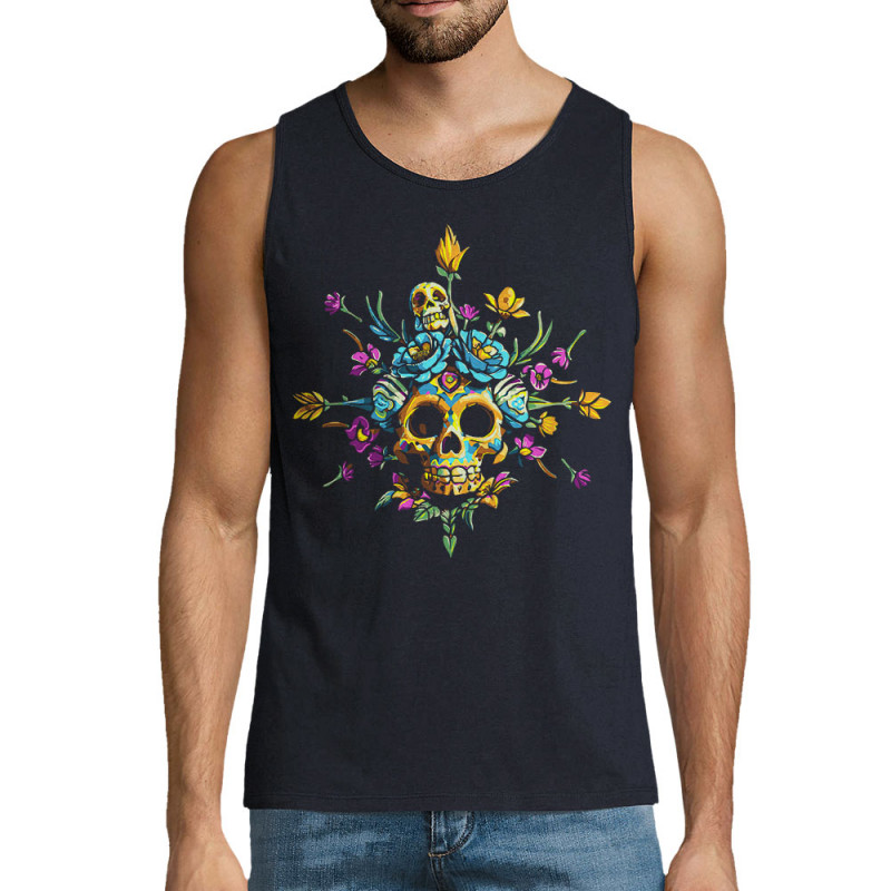 Débardeur homme bleu marine Skull Flowers (Zewa,Ethnique,Têtes de morts)