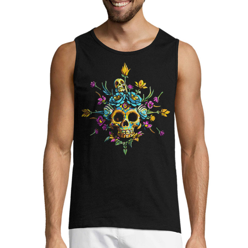 Débardeur homme noir Skull Flowers (Zewa,Ethnique,Têtes de morts)