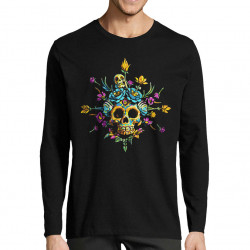 T-shirt homme manches longues noir Skull Flowers (Zewa,Ethnique,Têtes de morts)