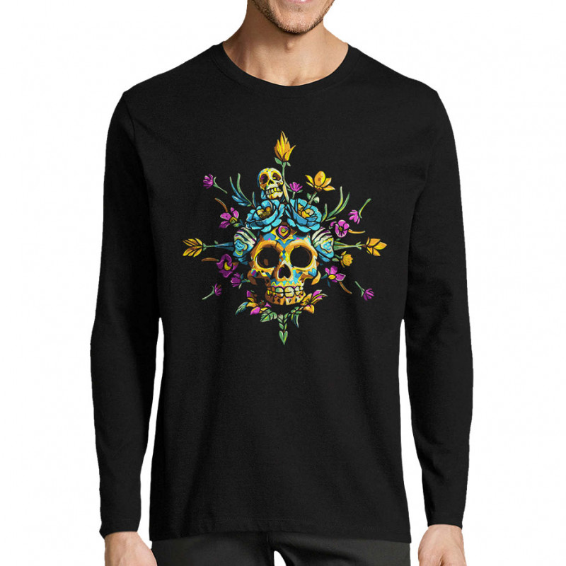 T-shirt homme manches longues noir Skull Flowers (Zewa,Ethnique,Têtes de morts)