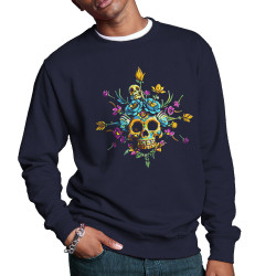 Sweat homme col rond bleu marine Skull Flowers (Zewa,Ethnique,Têtes de morts)
