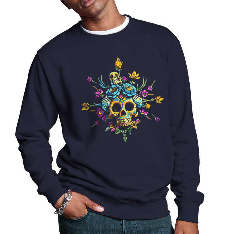 Sweat homme col rond bleu marine Skull Flowers (Zewa,Ethnique,Têtes de morts)