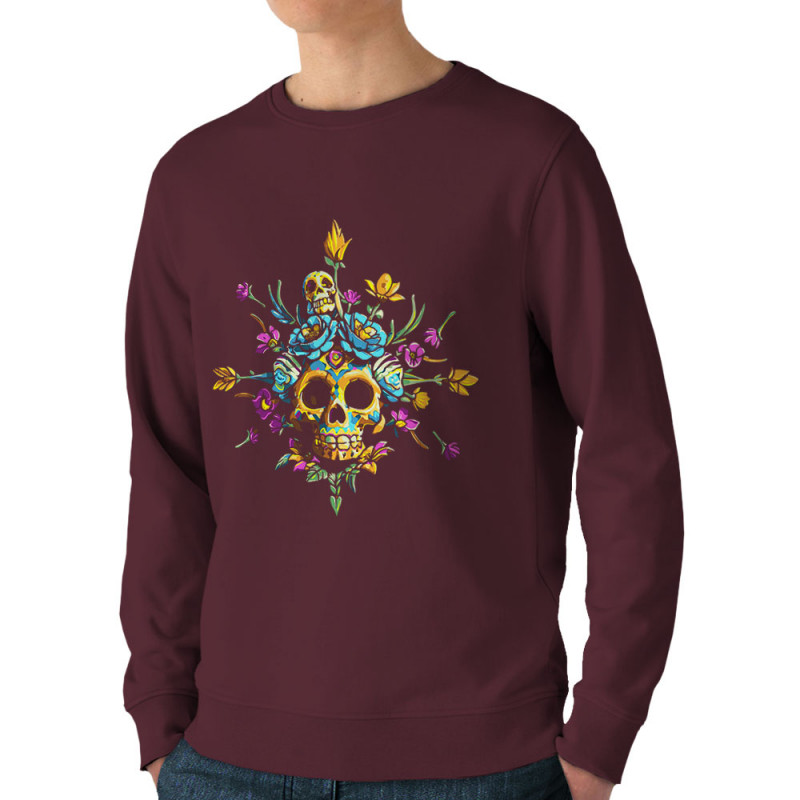Sweat homme bio col rond bordeaux Skull Flowers (Zewa,Ethnique,Têtes de morts)