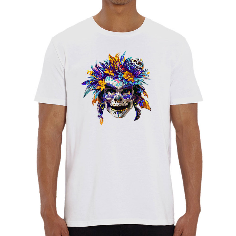 T-shirt homme coton bio blanc Skull Native Woman (Zewa,Ethnique,Têtes de morts)