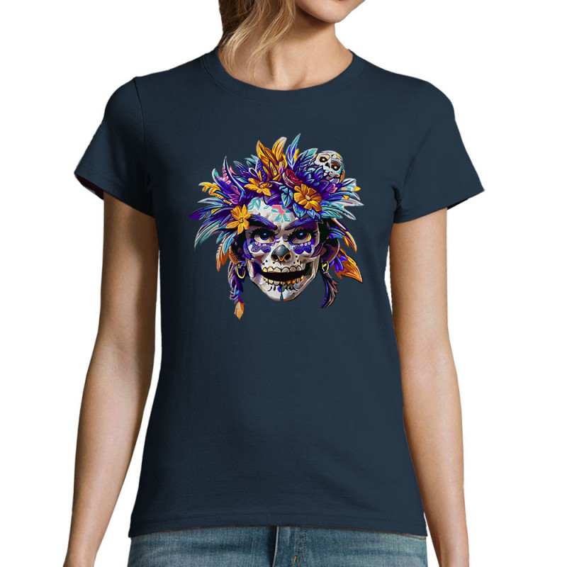 T-shirt femme bleu marine Skull Native Woman (Zewa,Ethnique,Têtes de morts)