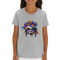 T-shirt enfant coton bio gris chiné Skull Native Woman (Zewa,Ethnique,Têtes de morts)