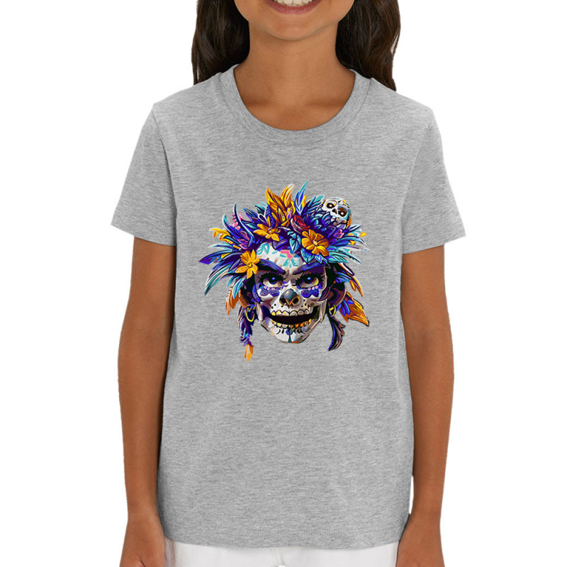 T-shirt enfant coton bio gris chiné Skull Native Woman (Zewa,Ethnique,Têtes de morts)