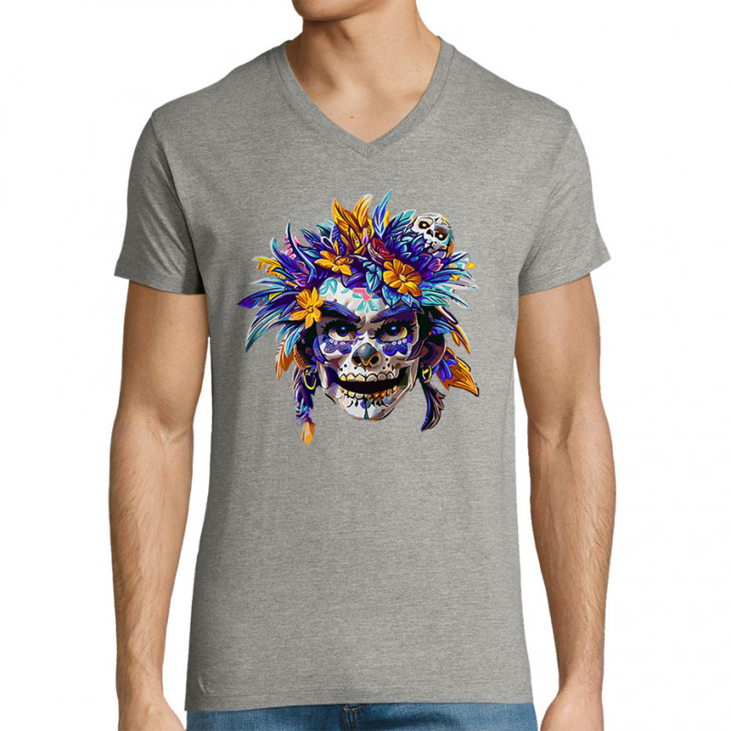 T-shirt homme col V gris chiné Skull Native Woman (Zewa,Ethnique,Têtes de morts)