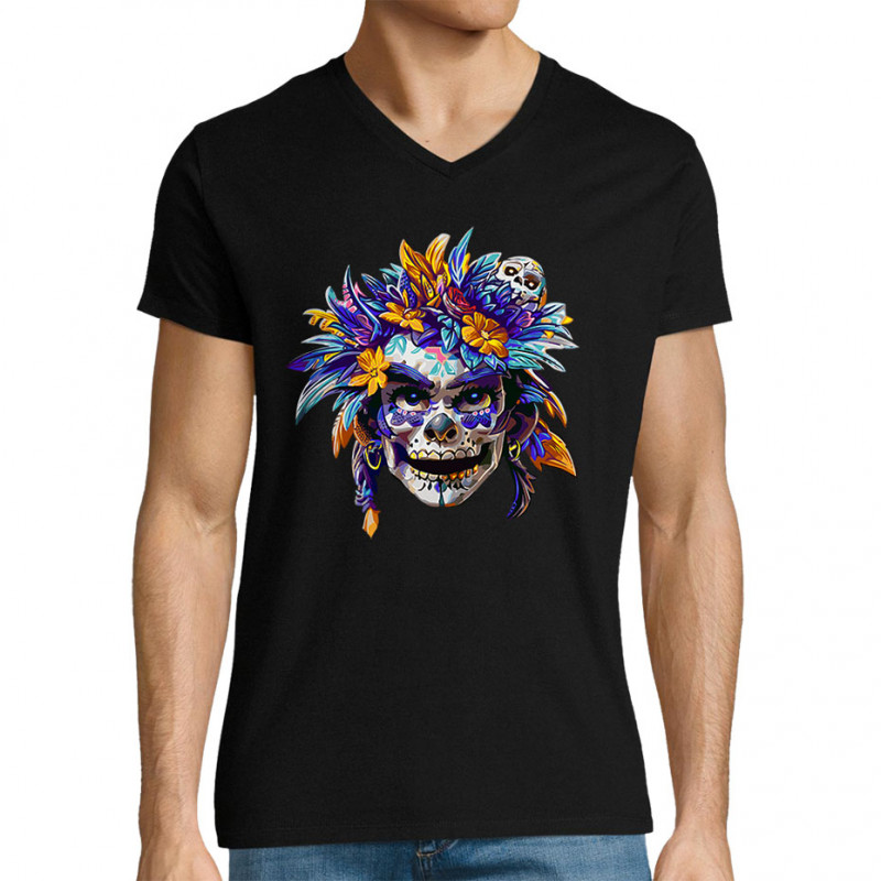 T-shirt homme col V noir Skull Native Woman (Zewa,Ethnique,Têtes de morts)