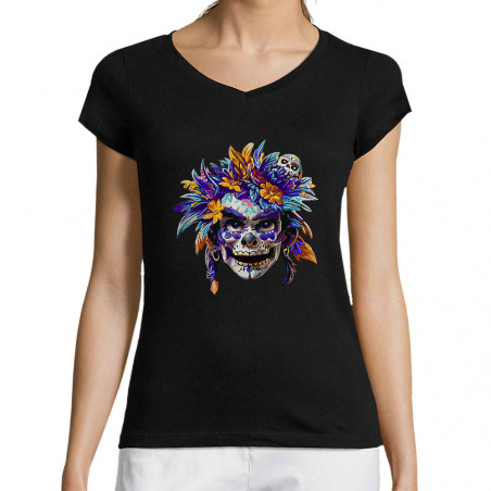 T-shirt femme col V "Skull...