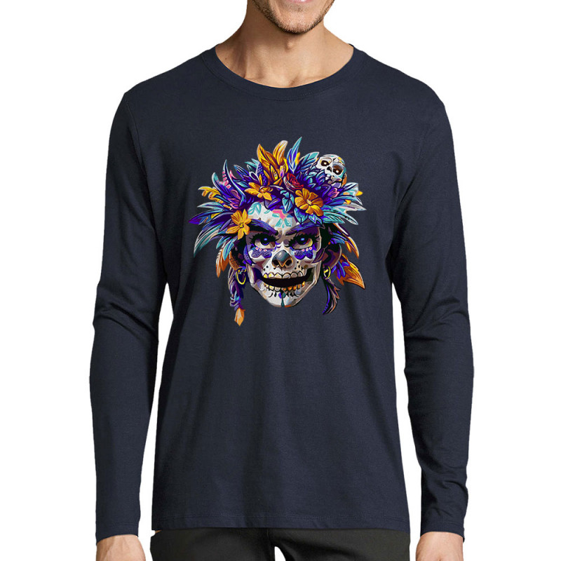 T-shirt homme manches longues bleu marine Skull Native Woman (Zewa,Ethnique,Têtes de morts)