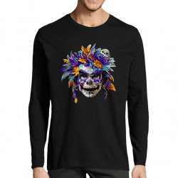 T-shirt homme manches longues noir Skull Native Woman (Zewa,Ethnique,Têtes de morts)