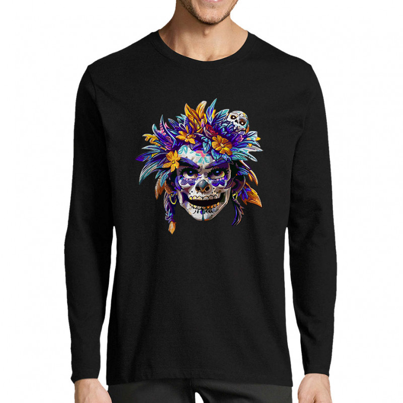 T-shirt homme manches longues noir Skull Native Woman (Zewa,Ethnique,Têtes de morts)