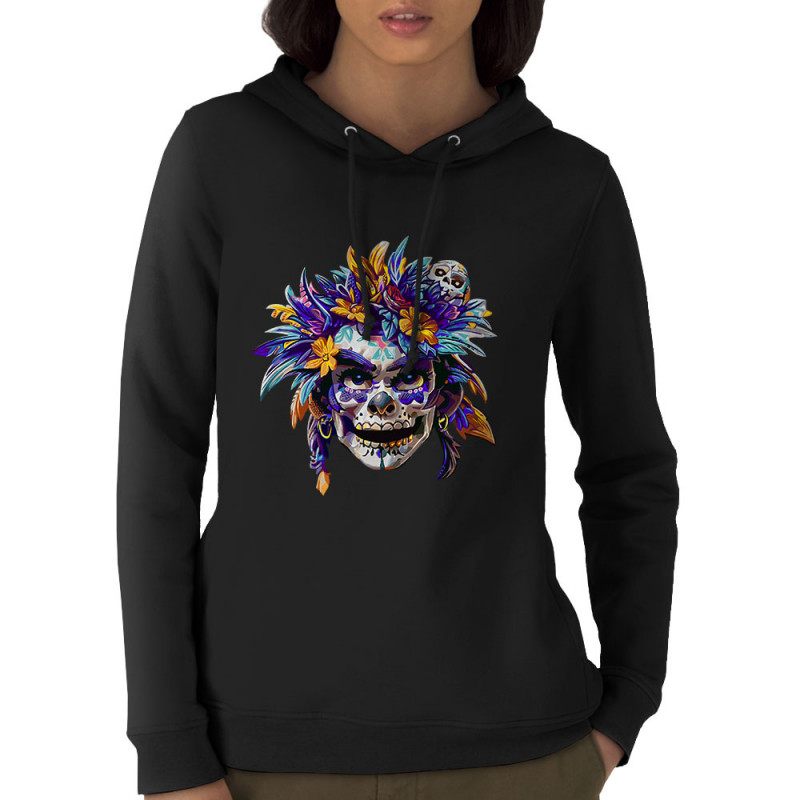 Sweat femme à capuche coton bio noir Skull Native Woman (Zewa,Ethnique,Têtes de morts)