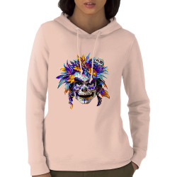 Sweat femme à capuche coton bio rose clair Skull Native Woman (Zewa,Ethnique,Têtes de morts)