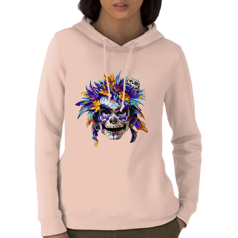 Sweat femme à capuche coton bio rose clair Skull Native Woman (Zewa,Ethnique,Têtes de morts)
