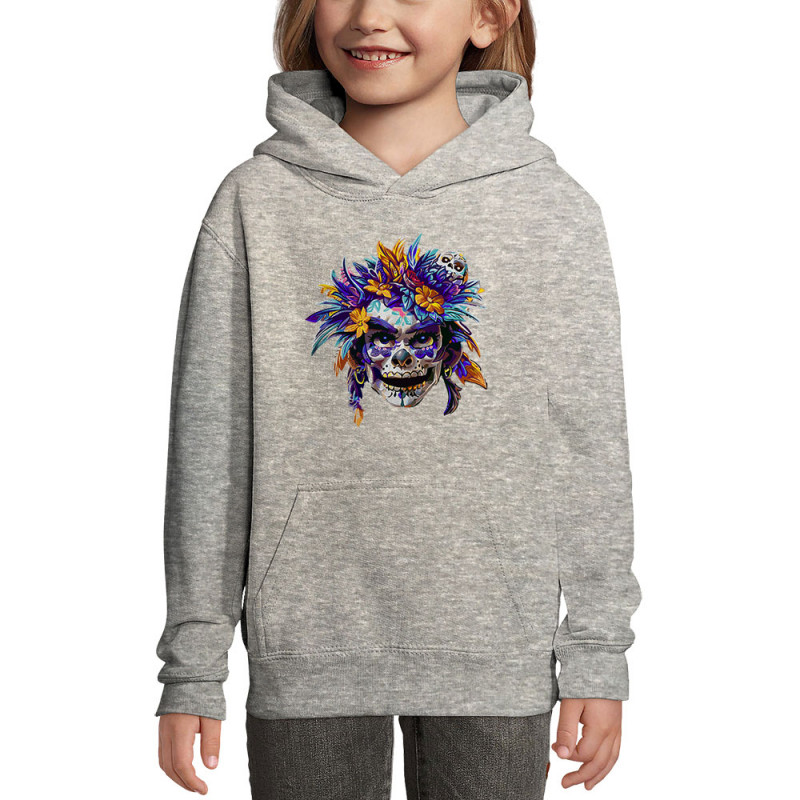Sweat enfant à capuche gris chiné Skull Native Woman (Zewa,Ethnique,Têtes de morts)