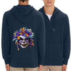Sweat homme zippé à capuche coton bio bleu marine Skull Native Woman (Zewa,Ethnique,Têtes de morts)
