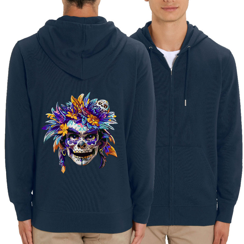 Sweat homme zippé à capuche coton bio bleu marine Skull Native Woman (Zewa,Ethnique,Têtes de morts)