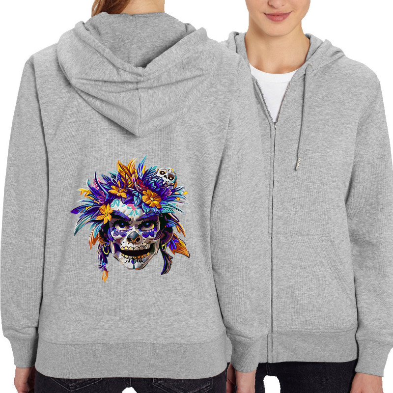 Sweat femme zippé à capuche coton bio gris chiné Skull Native Woman (Zewa,Ethnique,Têtes de morts)
