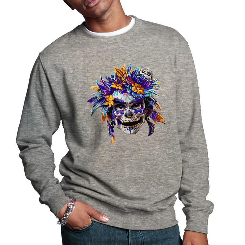Sweat homme col rond gris chiné Skull Native Woman (Zewa,Ethnique,Têtes de morts)