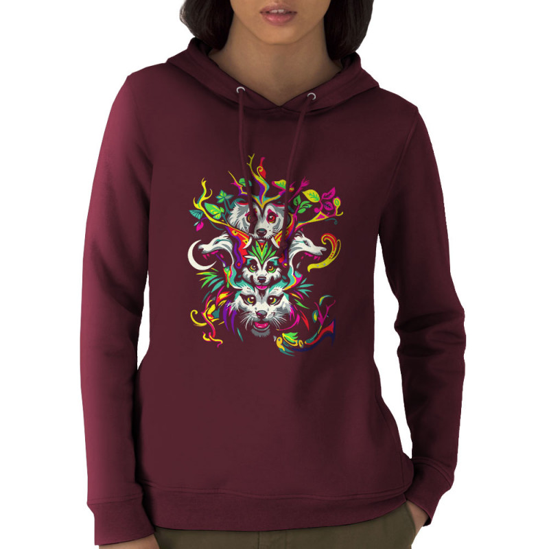 Sweat femme à capuche coton bio bordeaux Animals Totem (Zewa,Ethnique,Animaux)