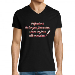 T-shirt homme col V noir Défendons la langue française (Gondrax,Humour,Slogans Débiles)