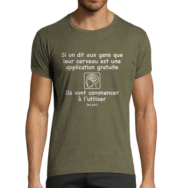 T-shirt homme fit kaki chiné Leur cerveau est une appli (Gondrax,Slogans Débiles,Humour)