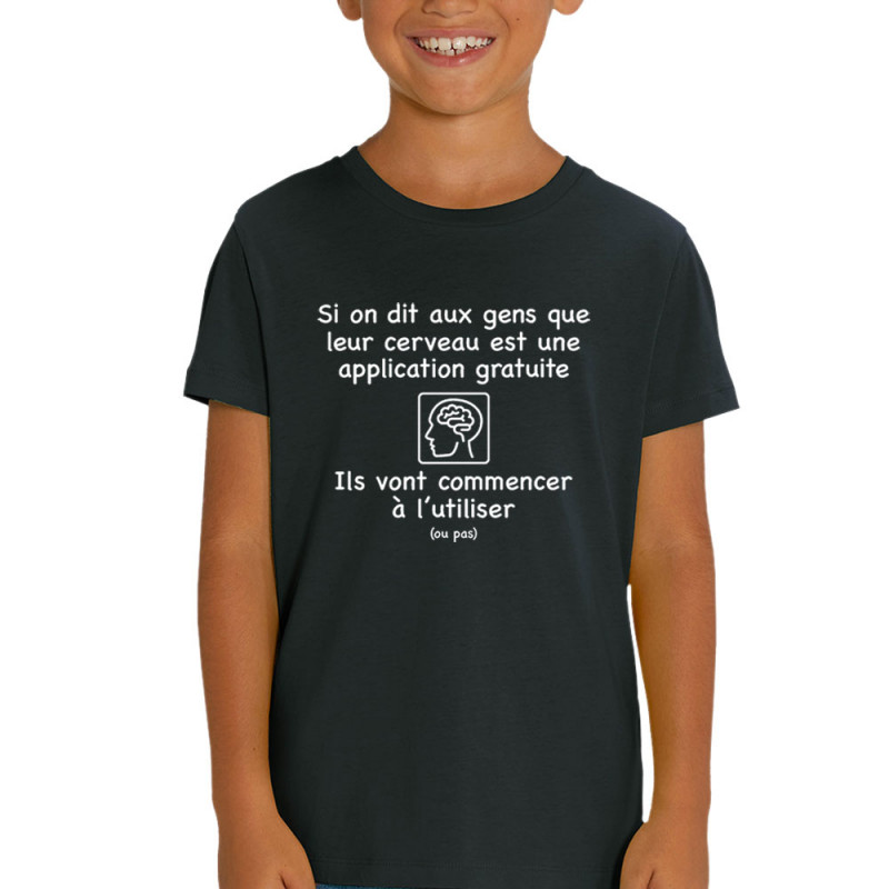 T-shirt enfant coton bio noir Leur cerveau est une appli (Gondrax,Slogans Débiles,Humour)