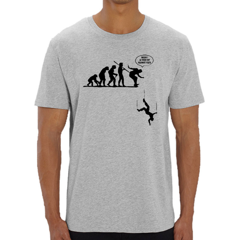 T-shirt homme coton bio gris chiné la terre est vraiment plate (Gondrax,Evolution,Humour)