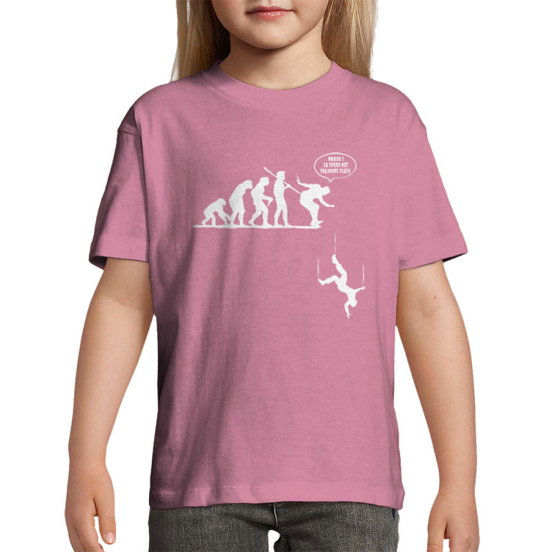 T-shirt enfant rose la terre est vraiment plate (Gondrax,Evolution,Humour)