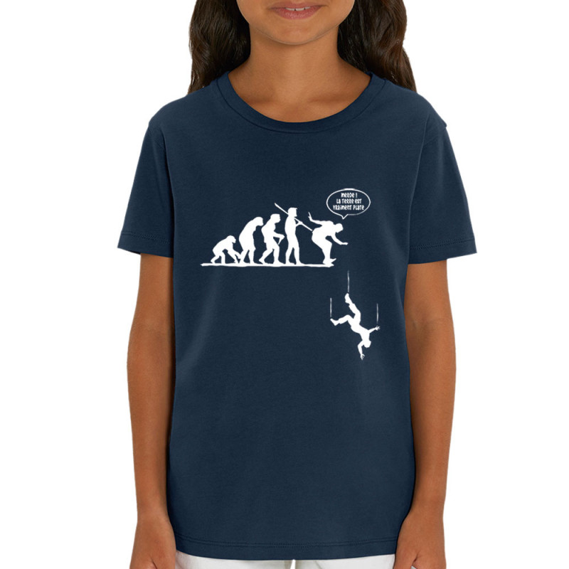 T-shirt enfant coton bio bleu marine la terre est vraiment plate (Gondrax,Evolution,Humour)