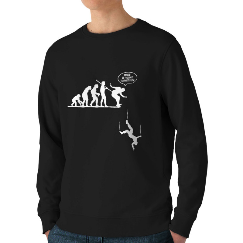 Sweat homme bio col rond noir la terre est vraiment plate (Gondrax,Evolution,Humour)