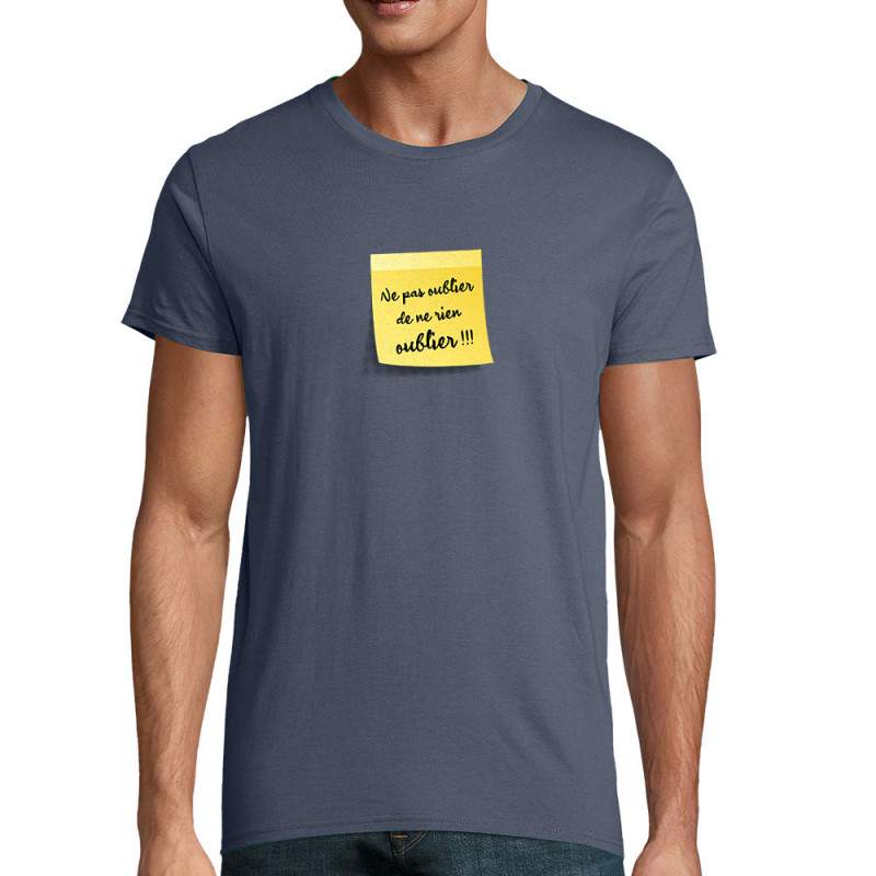 T-shirt homme coton bio bleu denim Post-it oublier (Gondrax,Humour)