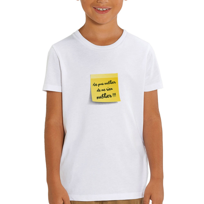 T-shirt enfant coton bio blanc Post-it oublier (Gondrax,Humour)