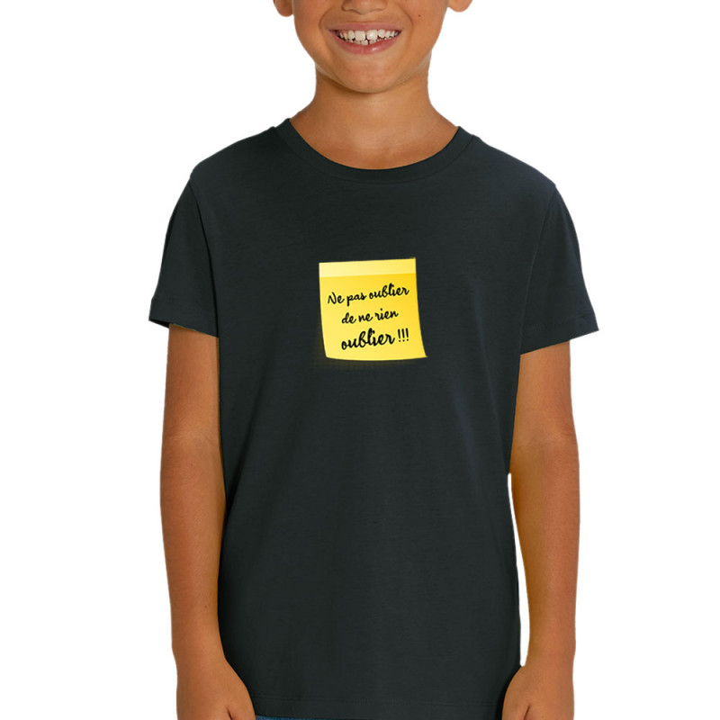 T-shirt enfant coton bio noir Post-it oublier (Gondrax,Humour)