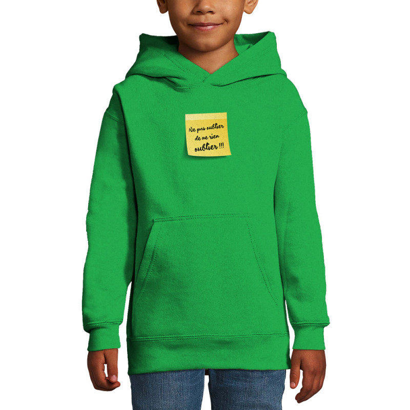 Sweat enfant à capuche vert prairie Post-it oublier (Gondrax,Humour)