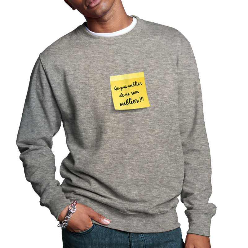 Sweat homme col rond gris chiné Post-it oublier (Gondrax,Humour)