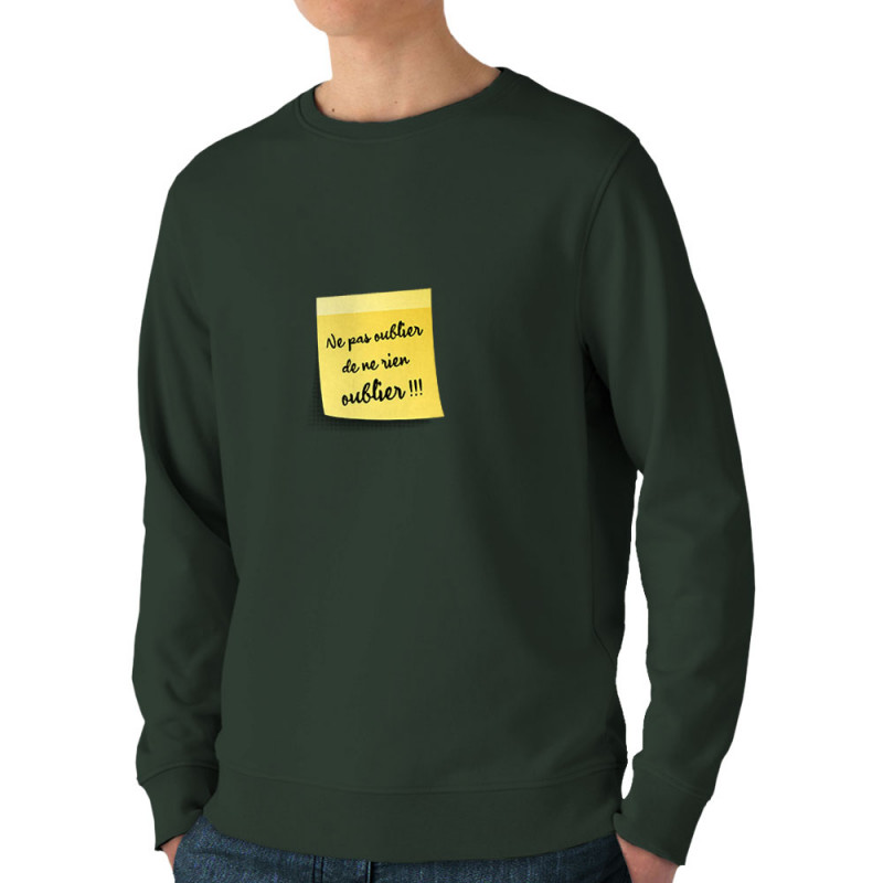 Sweat homme bio col rond vert foncé Post-it oublier (Gondrax,Humour)