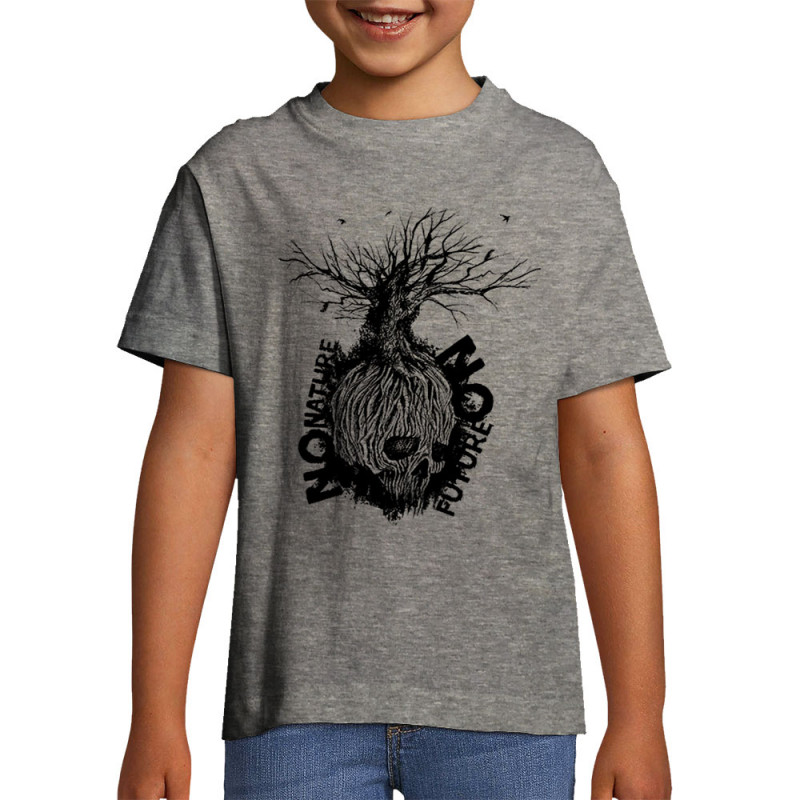 T-shirt enfant gris chiné No Nature No Future (Gondrax,Ecologie,Slogans engagés,Têtes de morts)