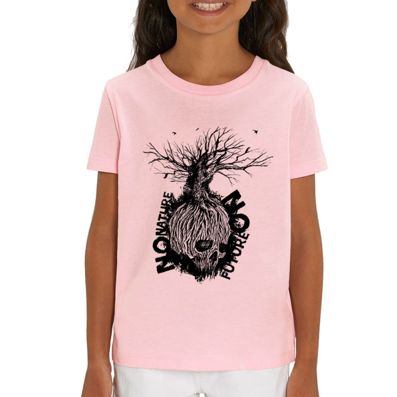 T-shirt enfant coton bio rose clair No Nature No Future (Gondrax,Ecologie,Slogans engagés,Têtes de morts)