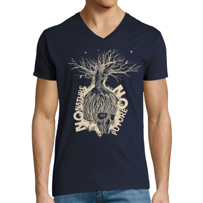 T-shirt homme col V bleu marine No Nature No Future (Gondrax,Ecologie,Slogans engagés,Têtes de morts)