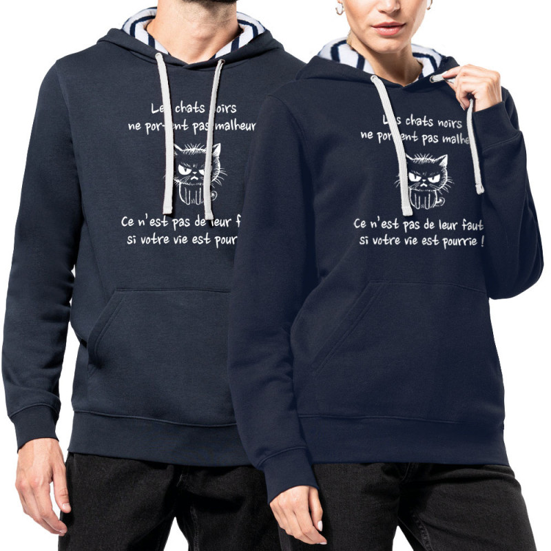 Sweat capuche à motifs unisexe bleu marine et marinière Chats noirs (Gondrax,Animaux,Chats,Humour)