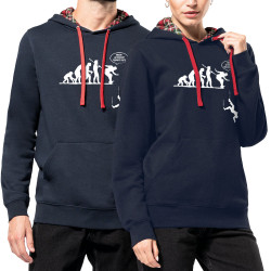 Sweat capuche à motifs unisexe bleu marine et rouge tartan la terre est vraiment plate (Gondrax,Evolution,Humour)