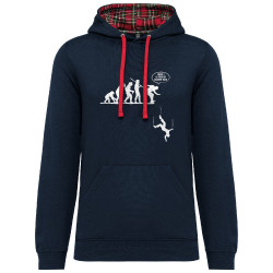 Sweat capuche à motifs unisexe bleu marine et rouge tartan la terre est vraiment plate (Gondrax,Evolution,Humour)