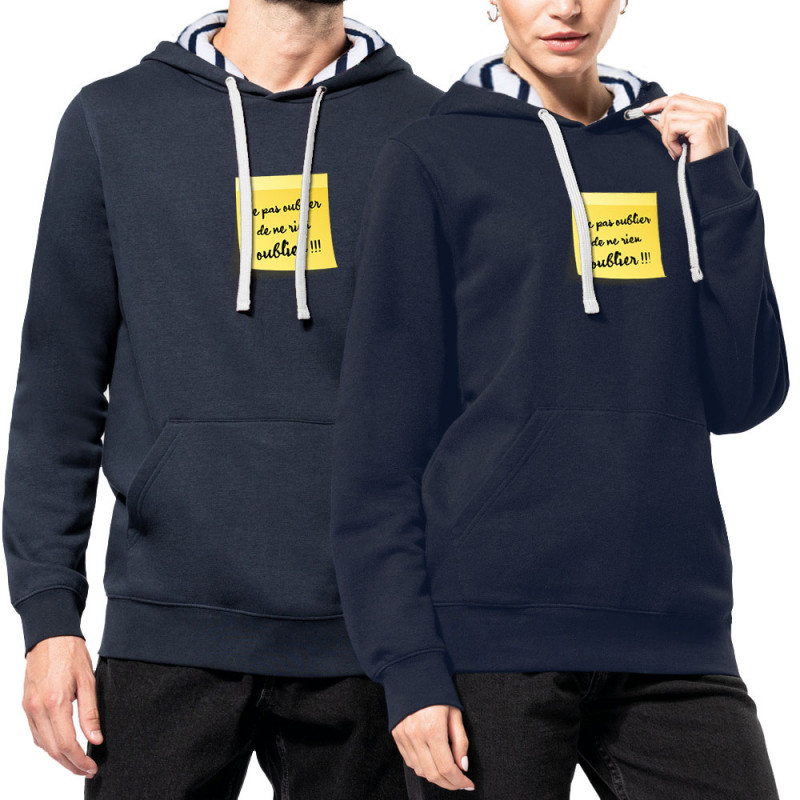 Sweat capuche à motifs unisexe bleu marine et marinière Post-it oublier (Gondrax,Humour)