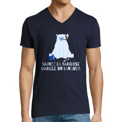 T-shirt homme col V bleu marine Sauvez la banquise (Andy,Animaux,Ecologie)