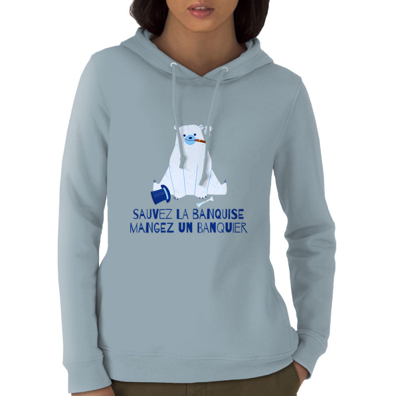 Sweat femme à capuche coton bio bleu ciel Sauvez la banquise (Andy,Animaux,Ecologie)