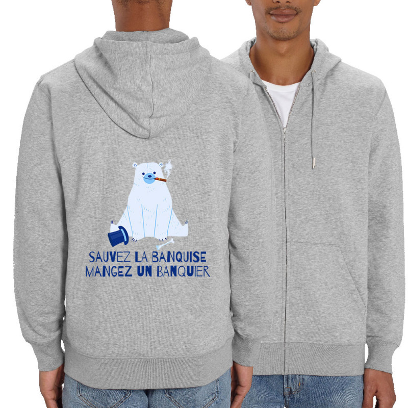 Sweat homme zippé à capuche coton bio gris chiné Sauvez la banquise (Andy,Animaux,Ecologie)